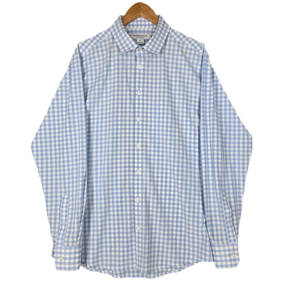 MIZZEN+MAIN PERFORMANCE BUTTON‑DOWN SHIRT – LIGHT BLUE CHECK – SIZE MEDIUM